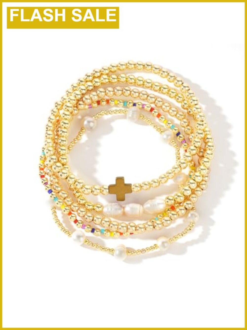 14K Gold Plated Pearl Beaded Cross Bracelets Stack Set for Women, Stretch Boho